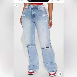 Fashion Nova Light Blue Distressed Wide Leg Jeans